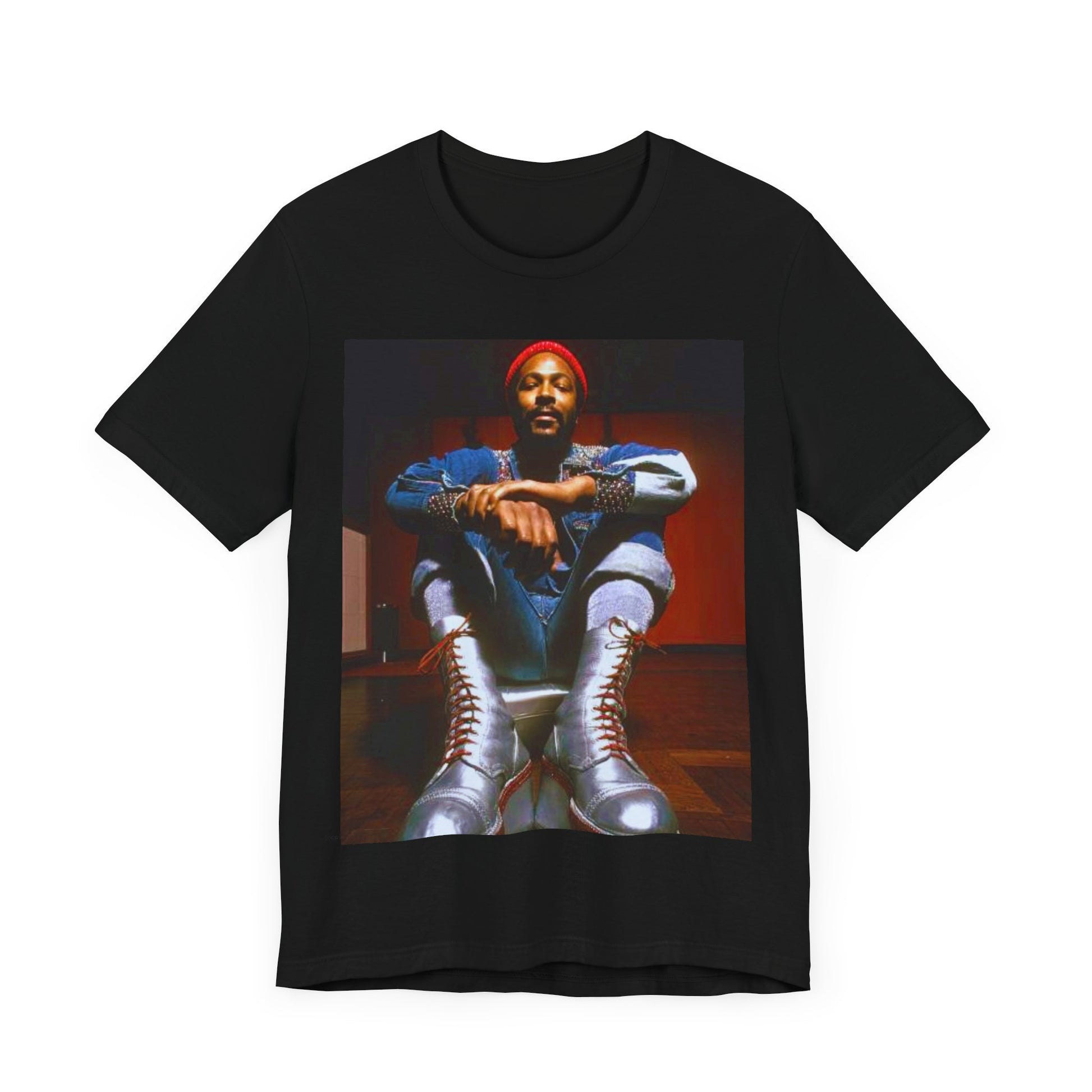 A black graphic t-shirt featuring a graphic of Marvin Gaye as the King of Motown soul legend.