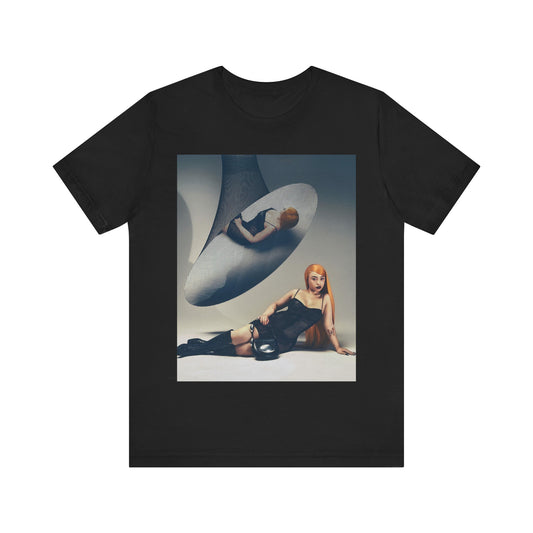 A black graphic t-shirt featuring a laid-back graphic of Ice Spice as a viral rap star.