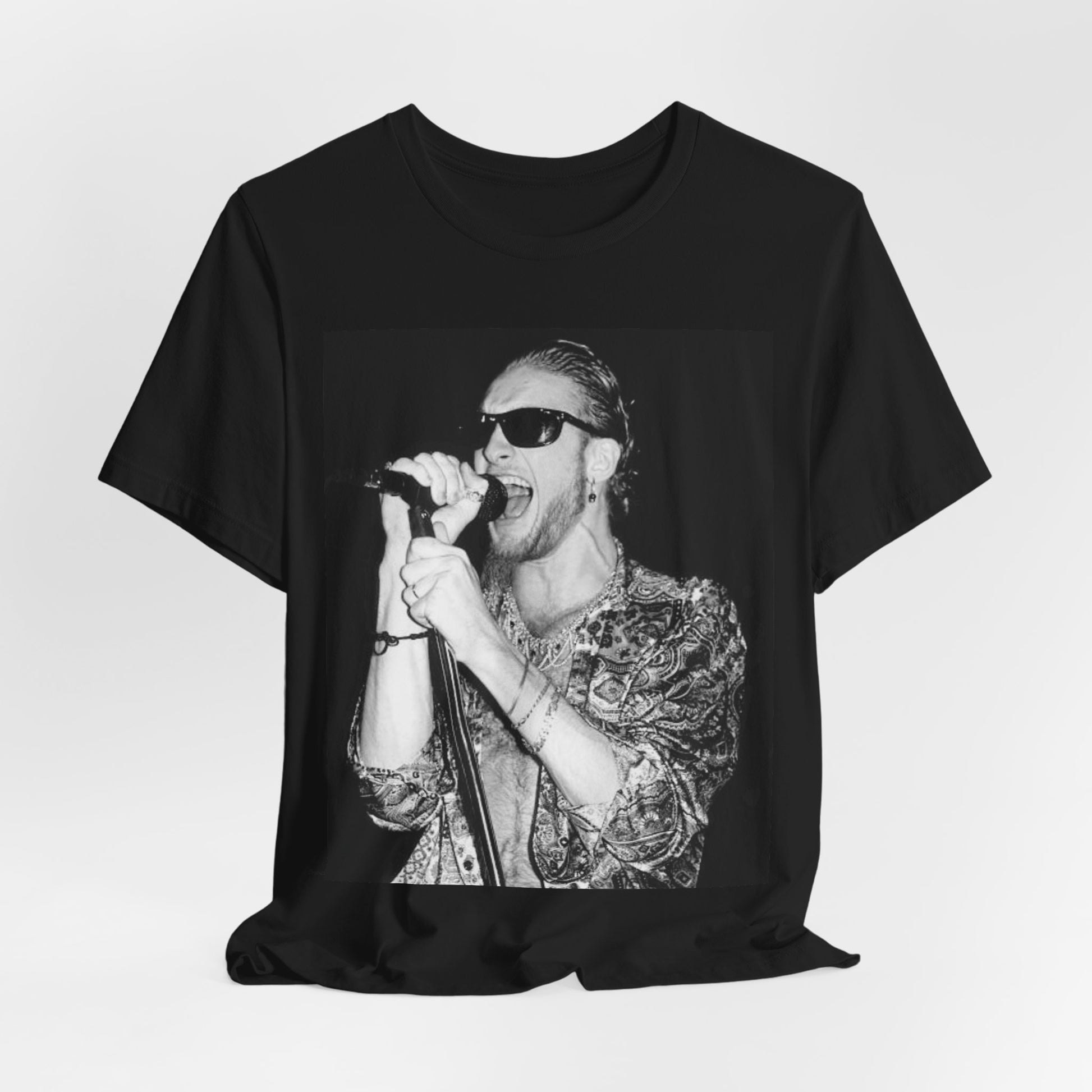 A black graphic t-shirt featuring an iconic black and white portrait photo of Layne Staley from Alice In Chains, showing his distinctive look.