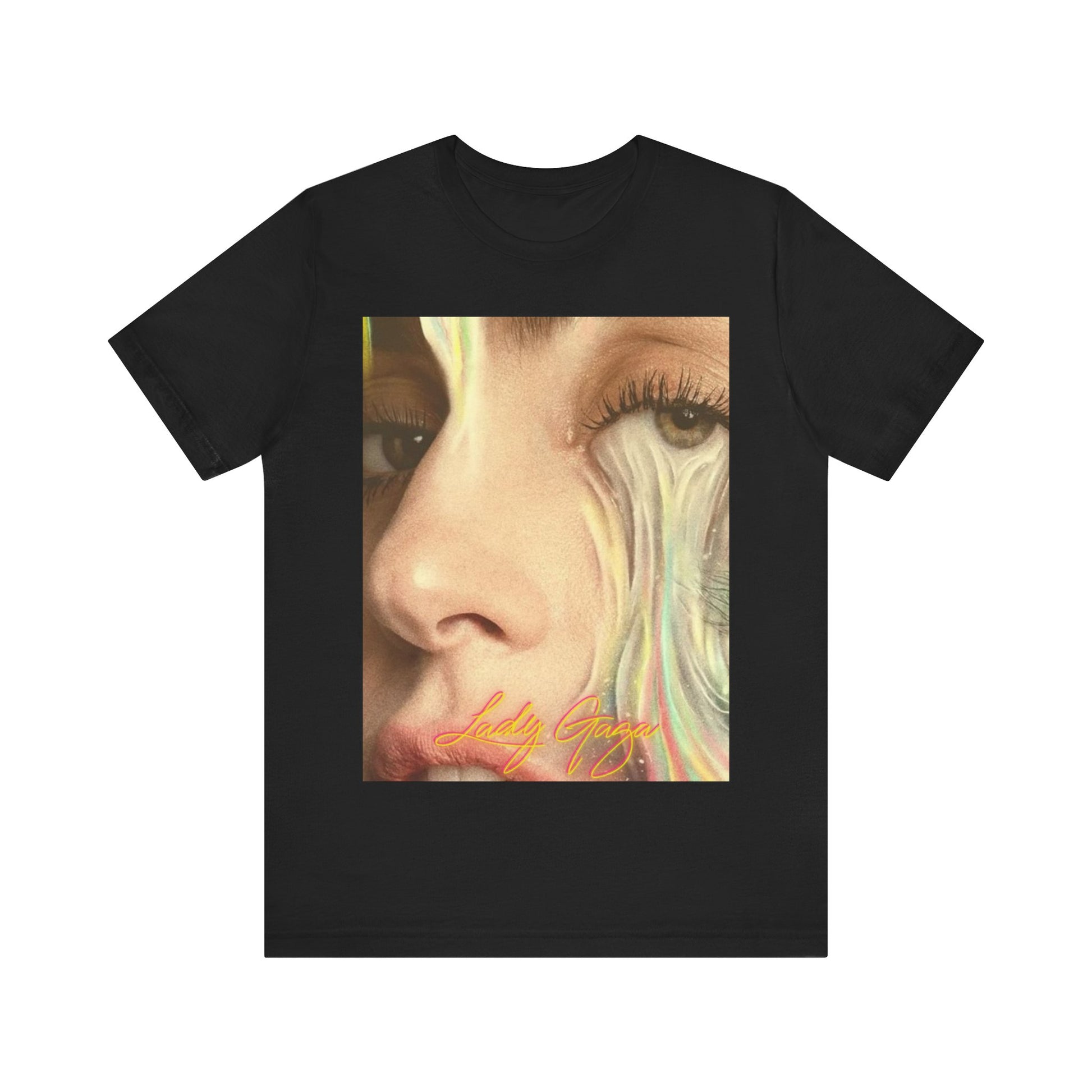 A black graphic t-shirt featuring an artistic or aesthetic graphic of Lady Gaga.