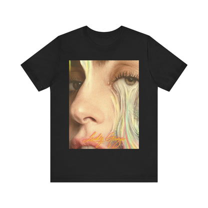 A black graphic t-shirt featuring an artistic or aesthetic graphic of Lady Gaga.