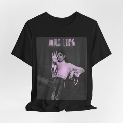 A black graphic t-shirt featuring a photo of Dua Lipa with a pink monochrome effect.