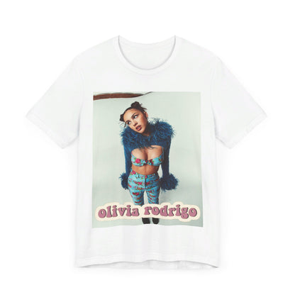 A black graphic t-shirt featuring a graphic of Olivia Rodrigo with 'teen angst vibes'.