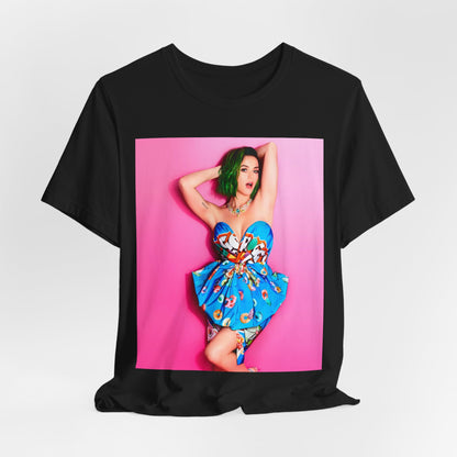 A black graphic t-shirt featuring a graphic related to Katy Perry's 'Dark Horse' song or era.