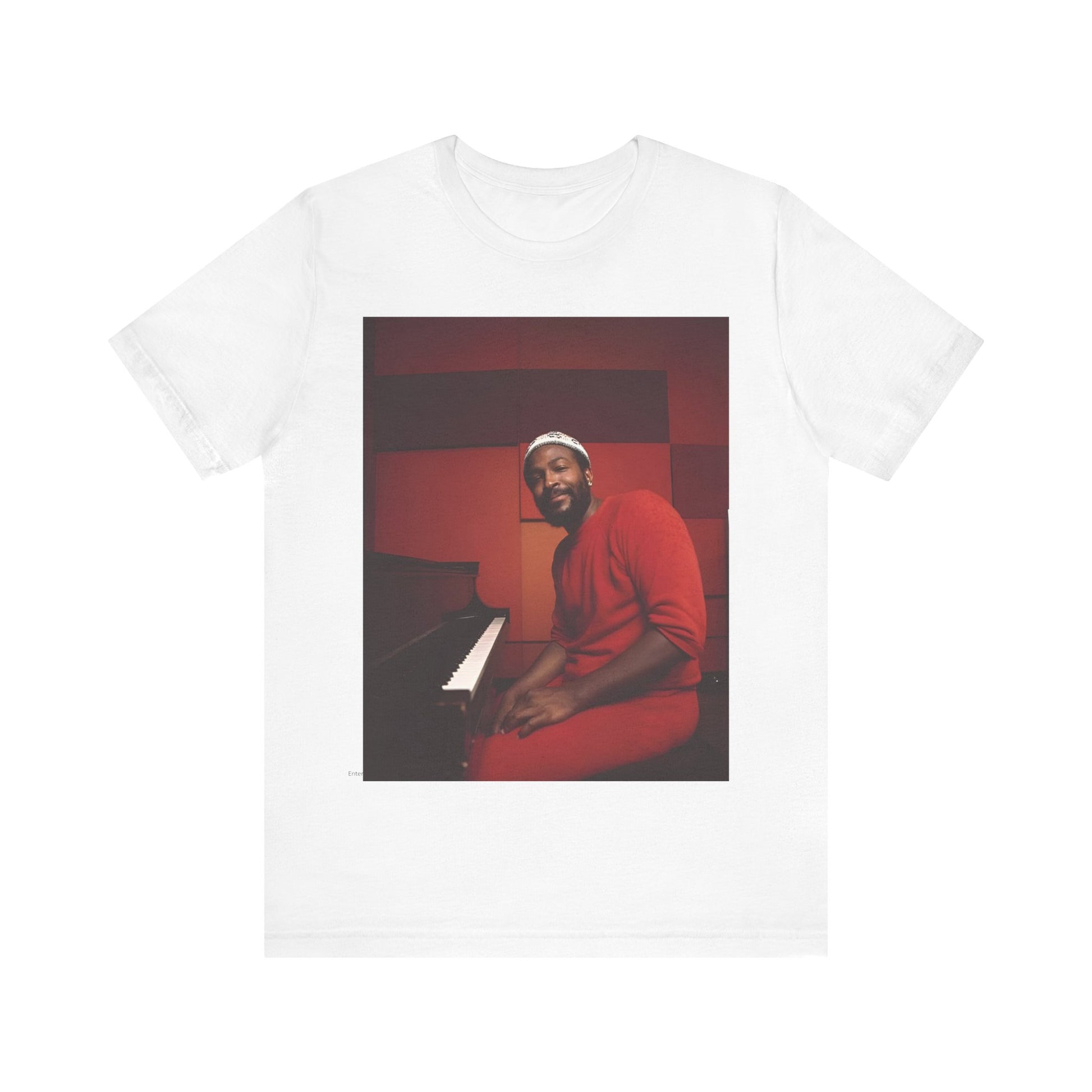 A black graphic t-shirt featuring a retro photo of Marvin Gaye playing the piano.