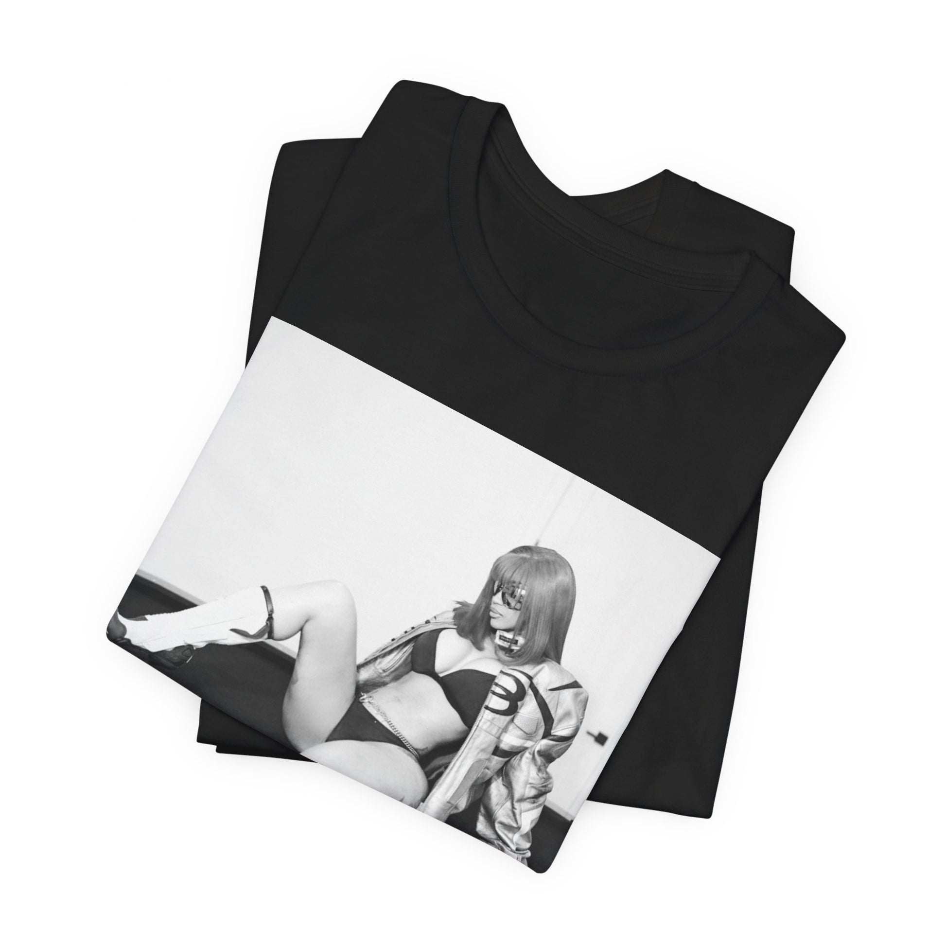 A black graphic t-shirt featuring an artistic or aesthetic graphic of Cardi B in a hip hop style.