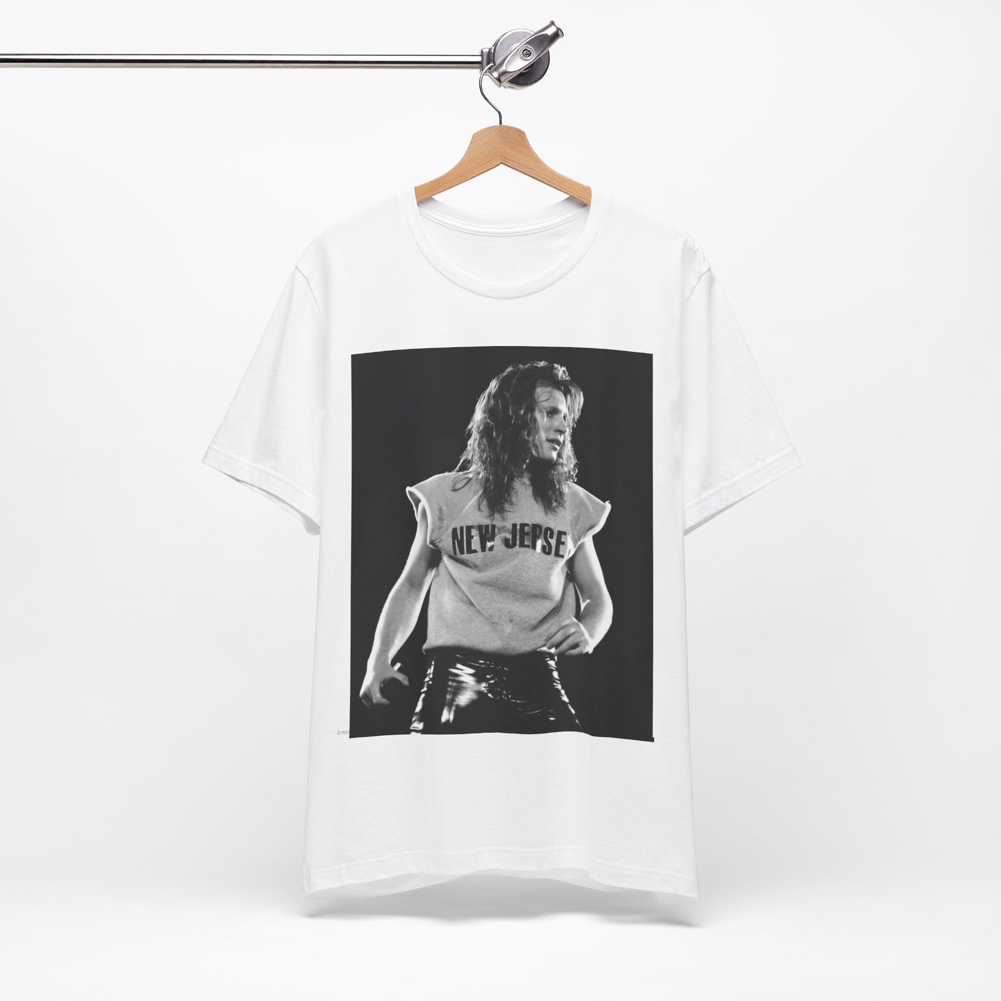 A black graphic t-shirt featuring a vintage graphic related to Bon Jovi's 'New Jersey' album or era.