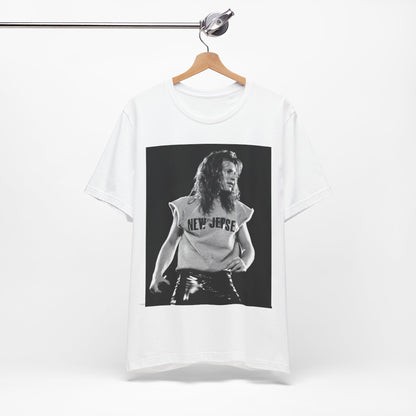 A black graphic t-shirt featuring a vintage graphic related to Bon Jovi's 'New Jersey' album or era.