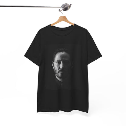 A black graphic t-shirt featuring a graphic of Keanu Reeves as John Wick.