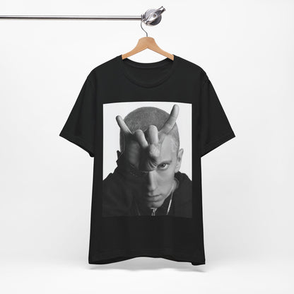 A black graphic t-shirt featuring a graphic related to Eminem's 'My Name Is' song or era.