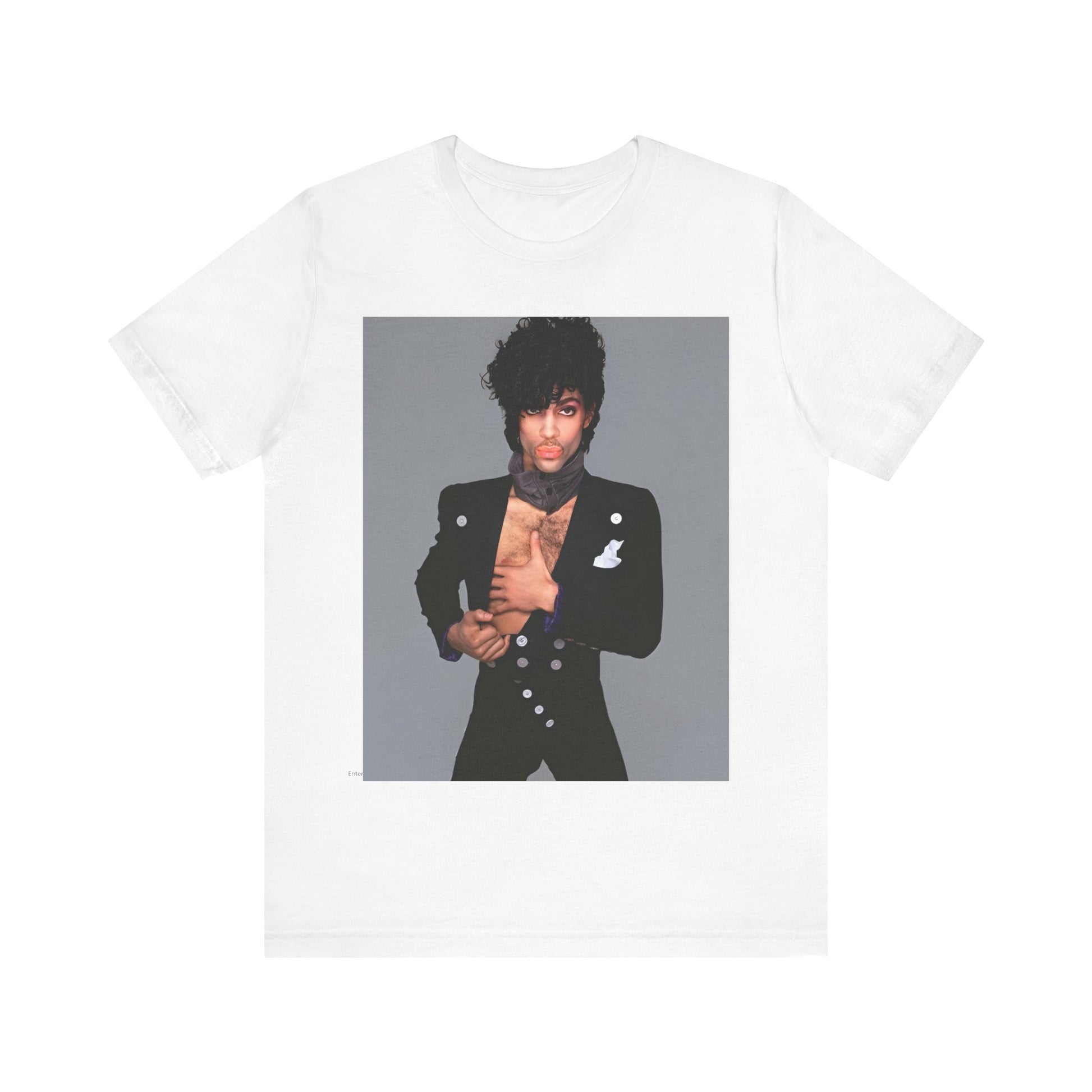 A black graphic t-shirt featuring a 90s vintage funk pop icon graphic of Prince.