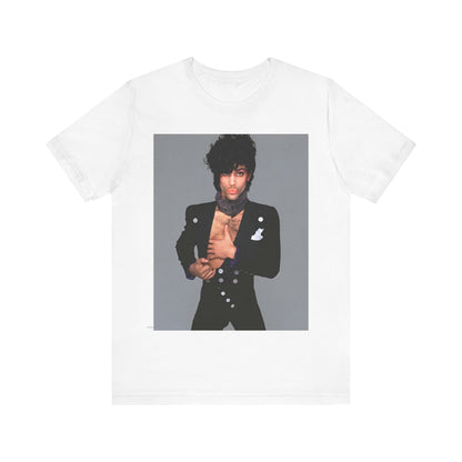 A black graphic t-shirt featuring a 90s vintage funk pop icon graphic of Prince.