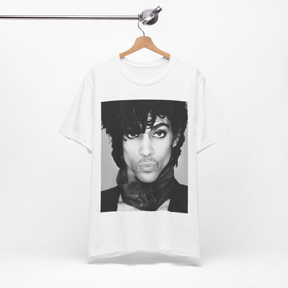 A black graphic t-shirt featuring a black and white photo portrait of Prince.