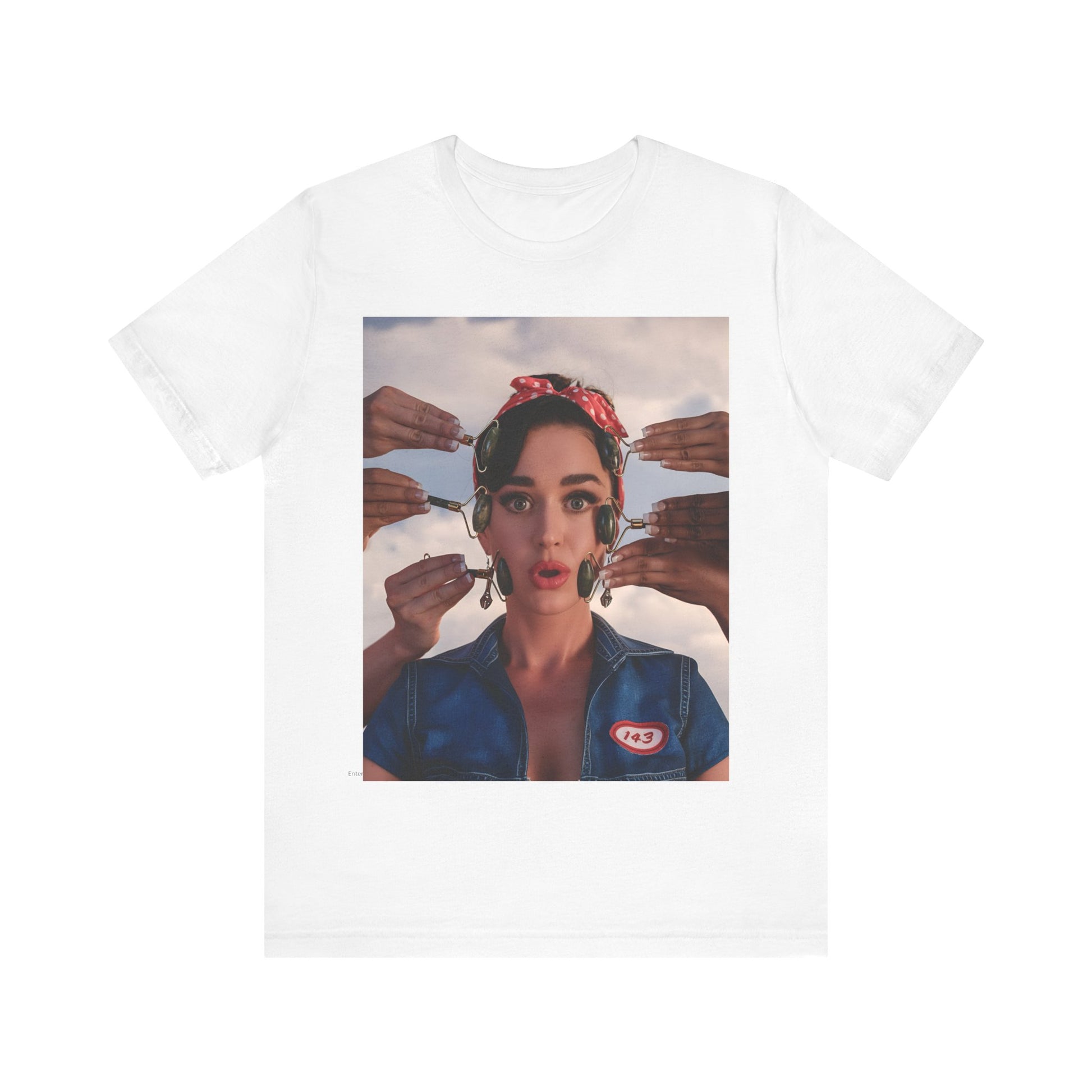 A black graphic t-shirt featuring a modern pop essential graphic of Katy Perry.