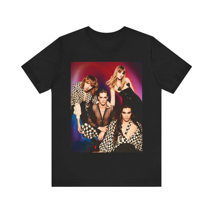 A black graphic t-shirt featuring a vintage glam rock graphic of Maneskin.