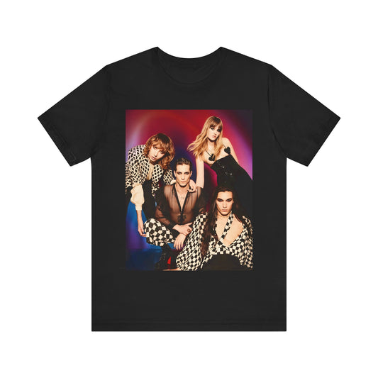 A black graphic t-shirt featuring a vintage glam rock graphic of Maneskin.