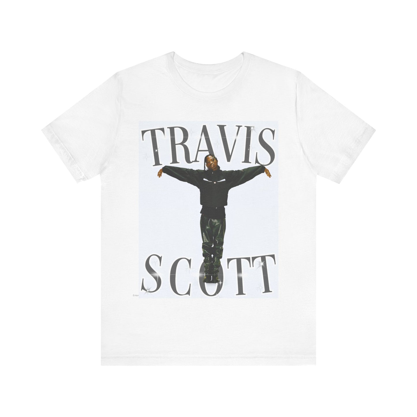A black graphic t-shirt featuring a cool streetwear icon graphic of Travis Scott.