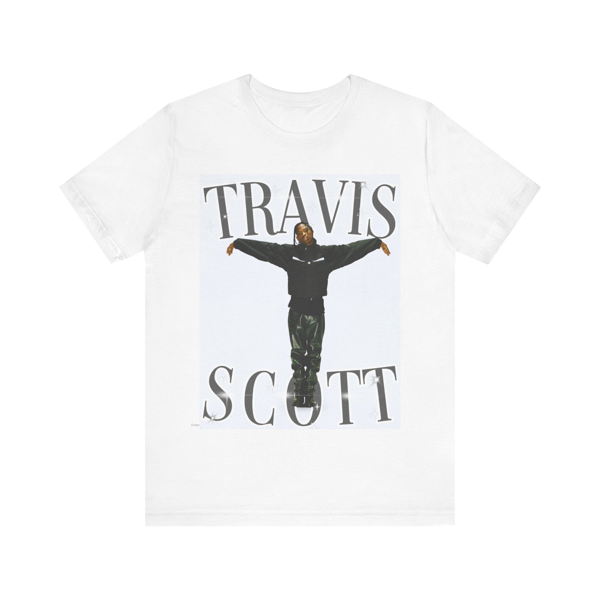 A black graphic t-shirt featuring a cool streetwear icon graphic of Travis Scott.