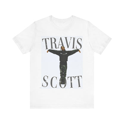 A black graphic t-shirt featuring a cool streetwear icon graphic of Travis Scott.