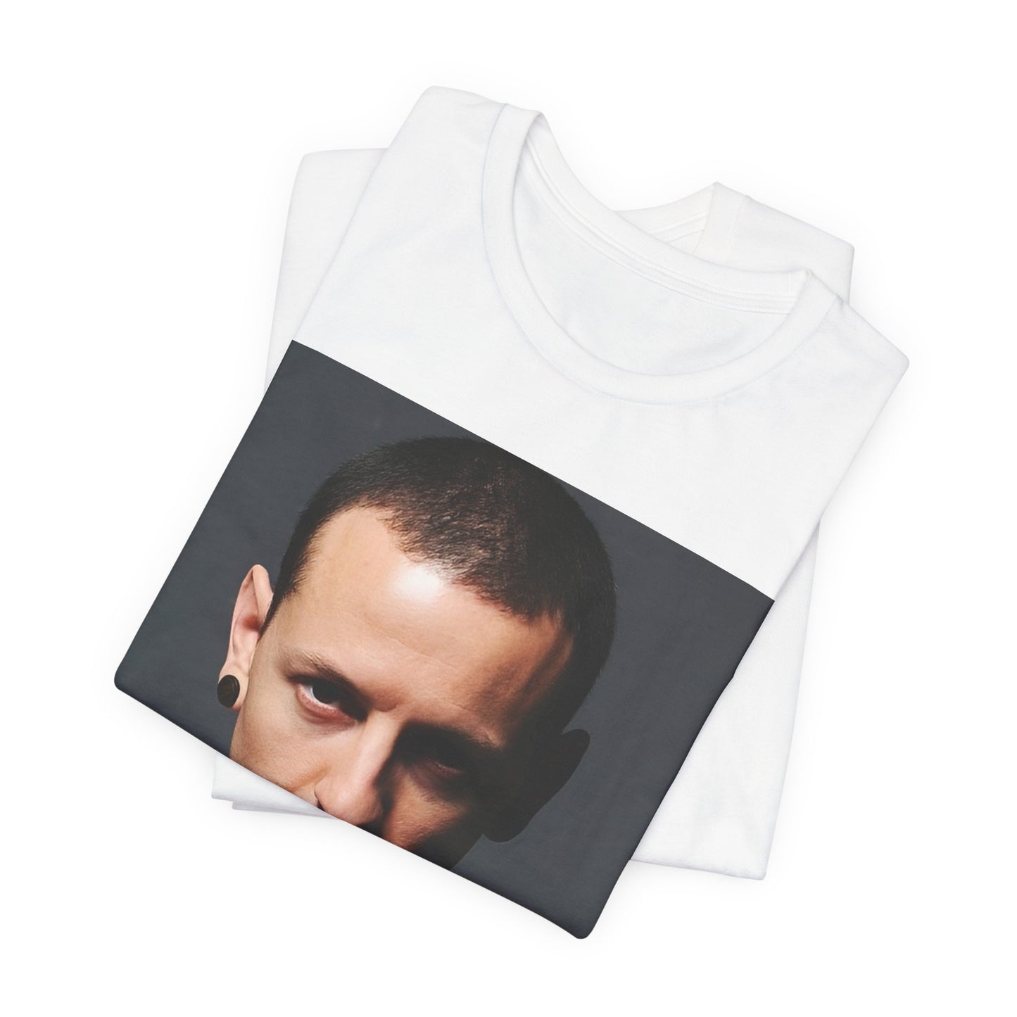 A black graphic t-shirt featuring a retro photo portrait of Chester Bennington from Linkin Park.