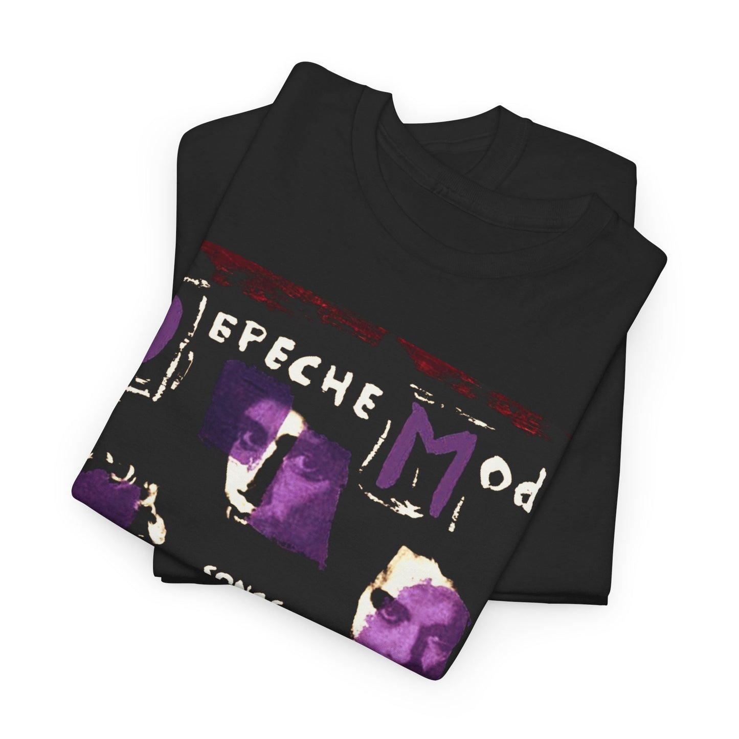 A black graphic t-shirt featuring a graphic related to Depeche Mode's 'Songs of Faith and Devotion' album.