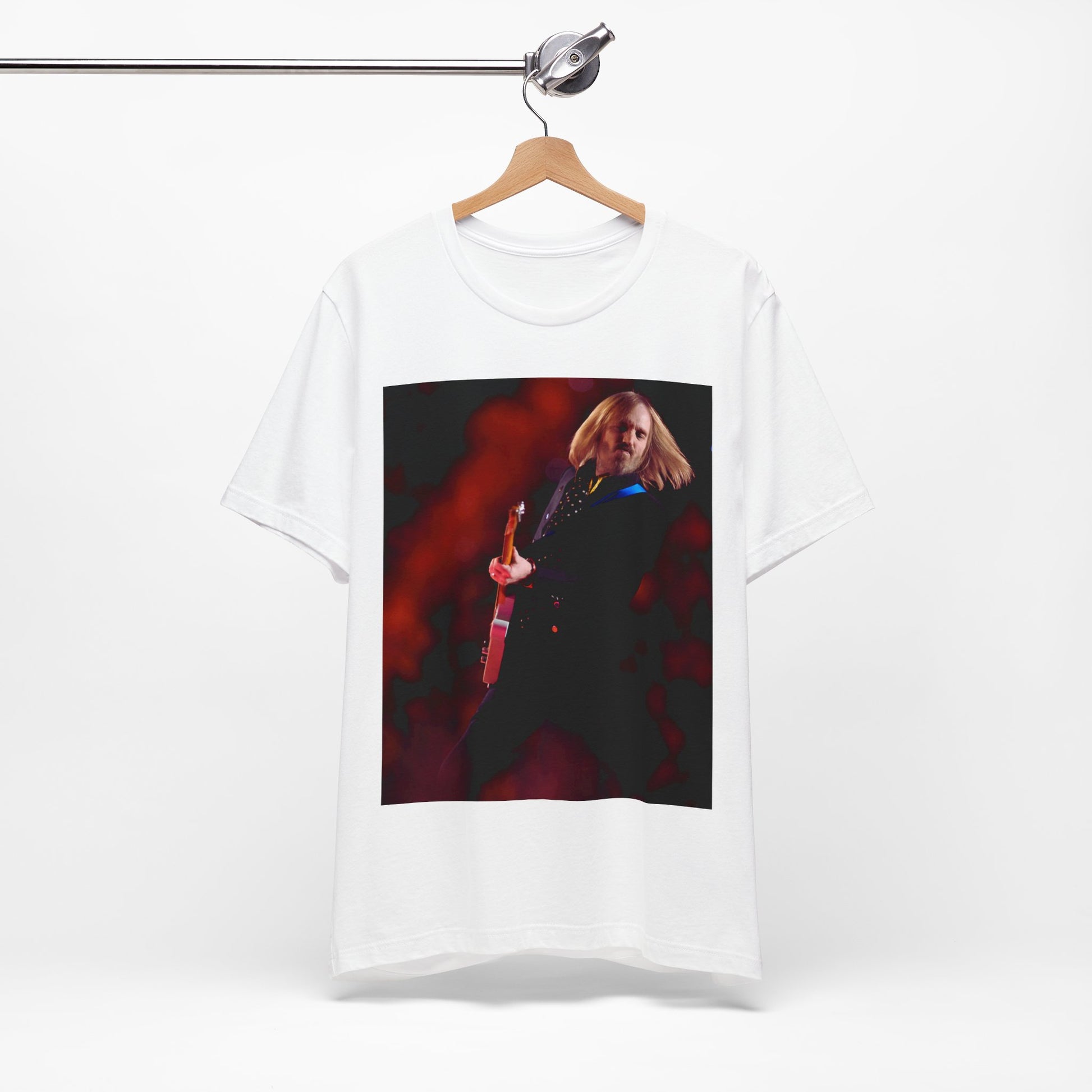 A black graphic t-shirt featuring a graphic or photo of Tom Petty as a powerhouse live performer.