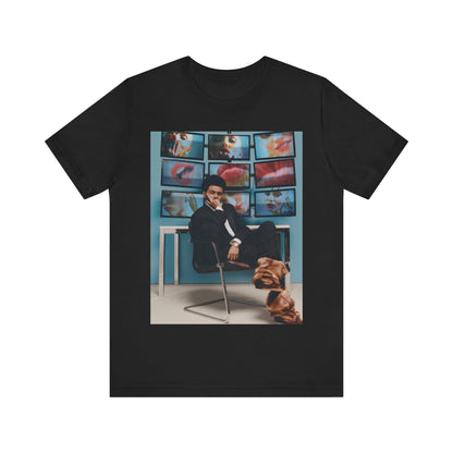 A black graphic t-shirt featuring an aesthetic graphic of The Weeknd.
