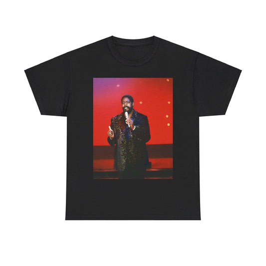 A black graphic t-shirt featuring a vintage graphic or photo of Barry White performing live on stage.
