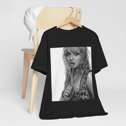 A black graphic t-shirt featuring a black and white portrait photo of Sabrina Carpenter.