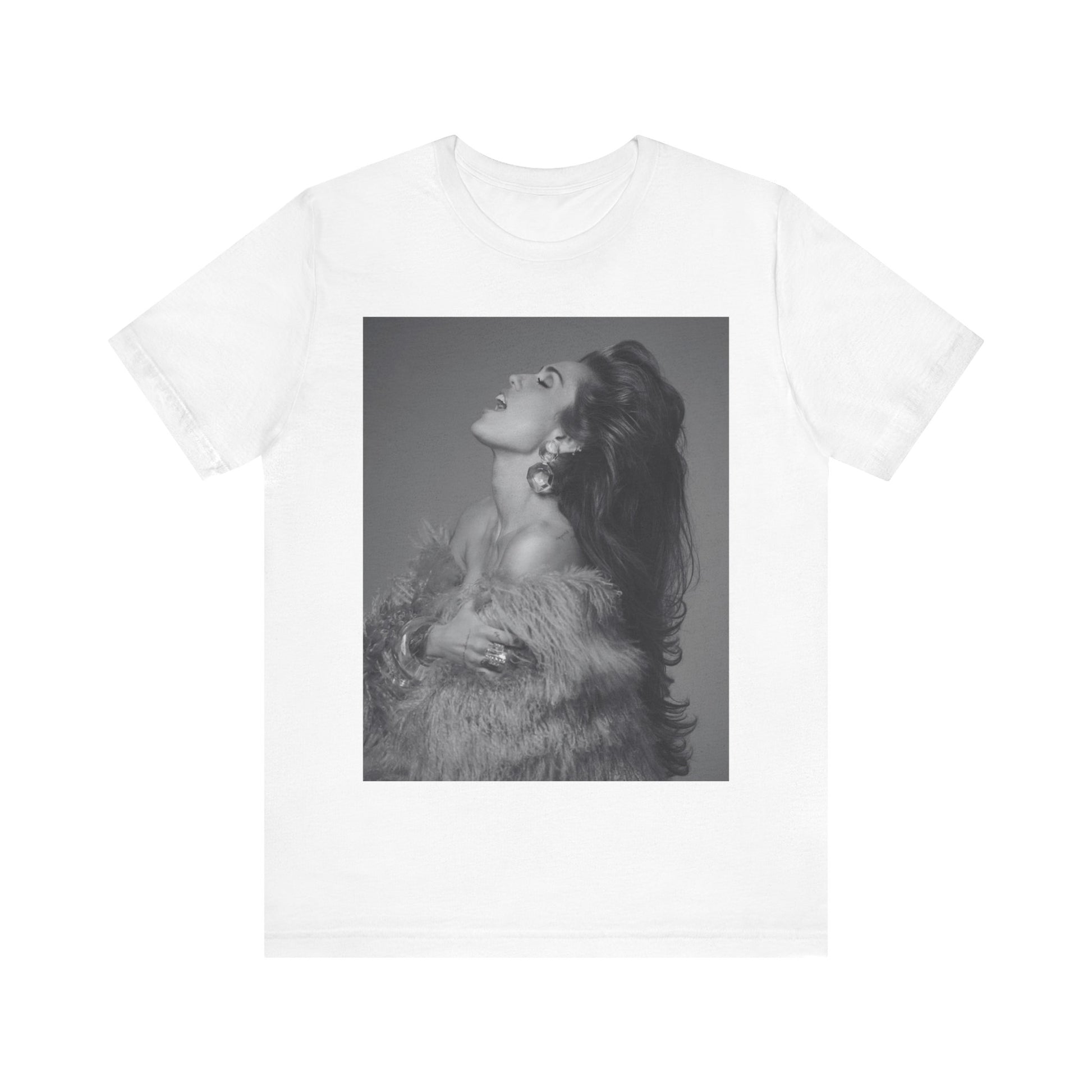 A black graphic t-shirt featuring a black and white portrait photo of Miley Cyrus.
