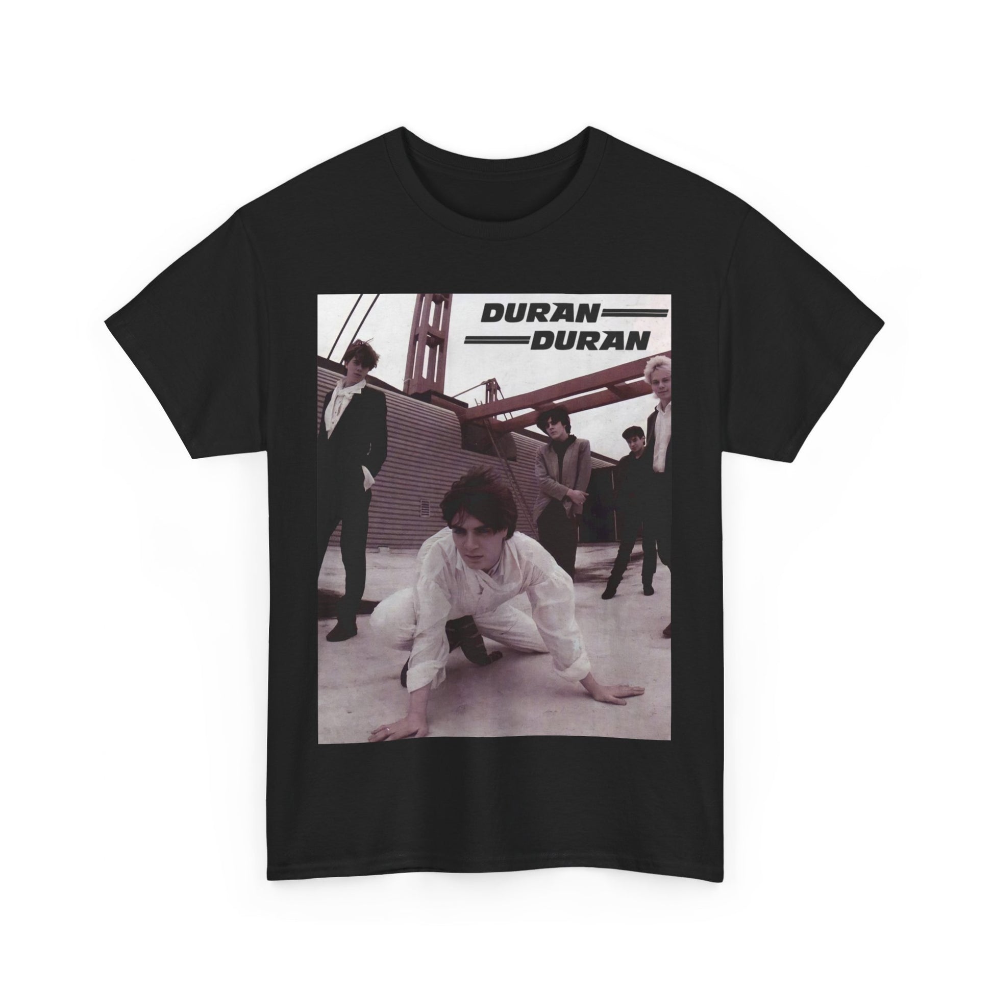 A black graphic t-shirt featuring a graphic related to Duran Duran's 'Hungry Like the Wolf' song or era.