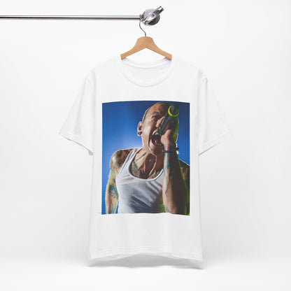 A black graphic t-shirt featuring a retro graphic of Linkin Park performing live.