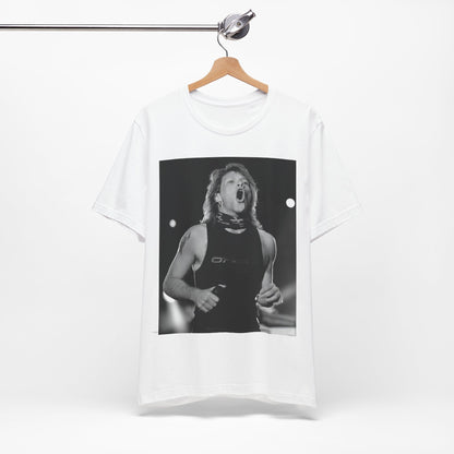 A black graphic t-shirt featuring a black and white iconic graphic or photo of Bon Jovi as superstars.