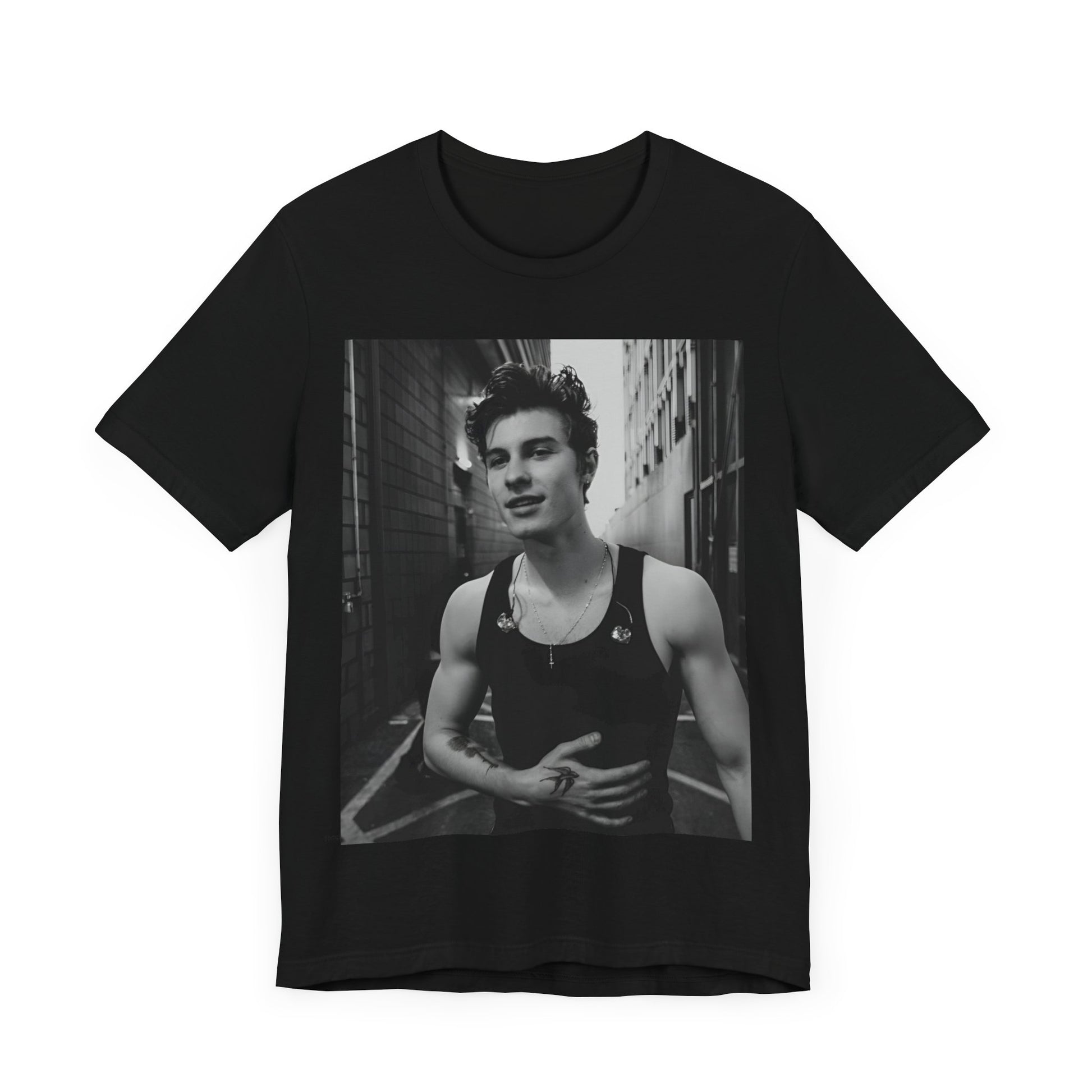 A black graphic t-shirt featuring a vintage black and white portrait graphic or photo of Shawn Mendes.