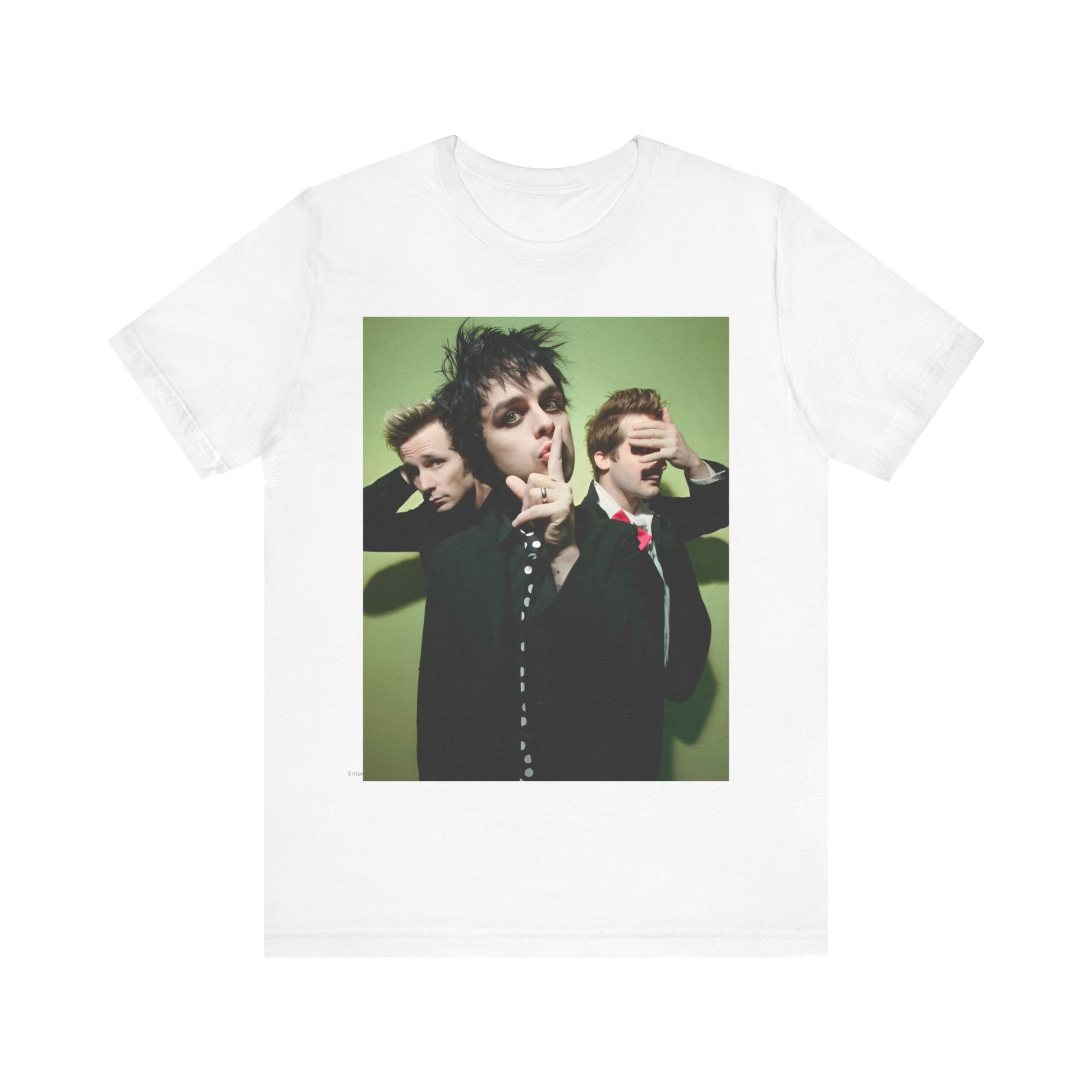 A black graphic t-shirt featuring a classic 90s pop-punk aesthetic graphic of Green Day.