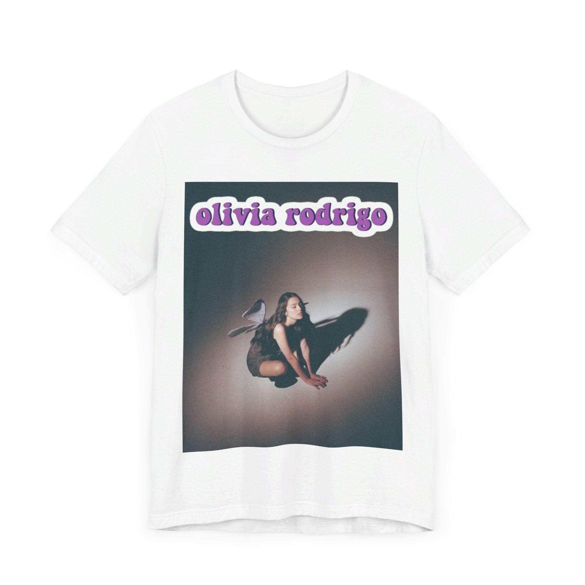 A black graphic t-shirt featuring a cool indie pop princess graphic of Olivia Rodrigo.