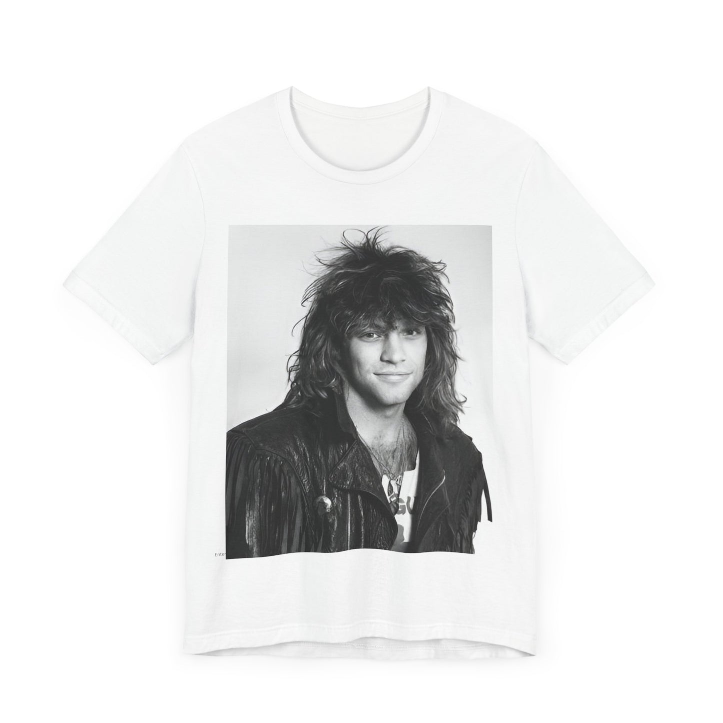 A black graphic t-shirt featuring a black and white photo of Bon Jovi from a 90s tour, performing on stage.