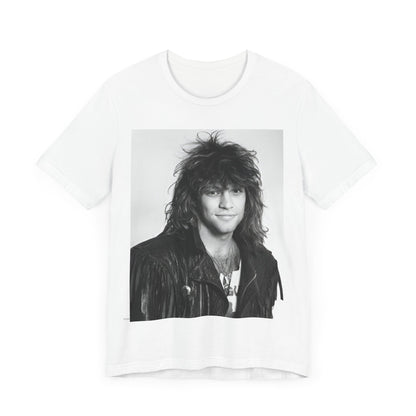 A black graphic t-shirt featuring a black and white photo of Bon Jovi from a 90s tour, performing on stage.