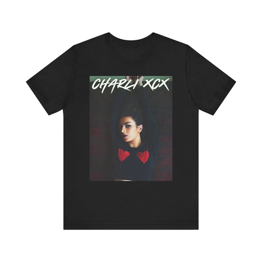 A black graphic t-shirt featuring a graphic of Charli XCX, designed with a future pop diva aesthetic.