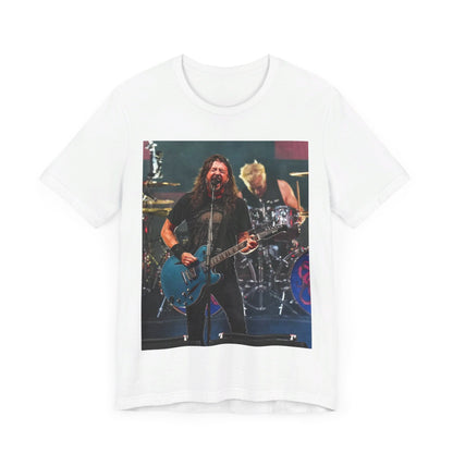 A black graphic t-shirt featuring a graphic of Foo Fighters as stadium rockstars.