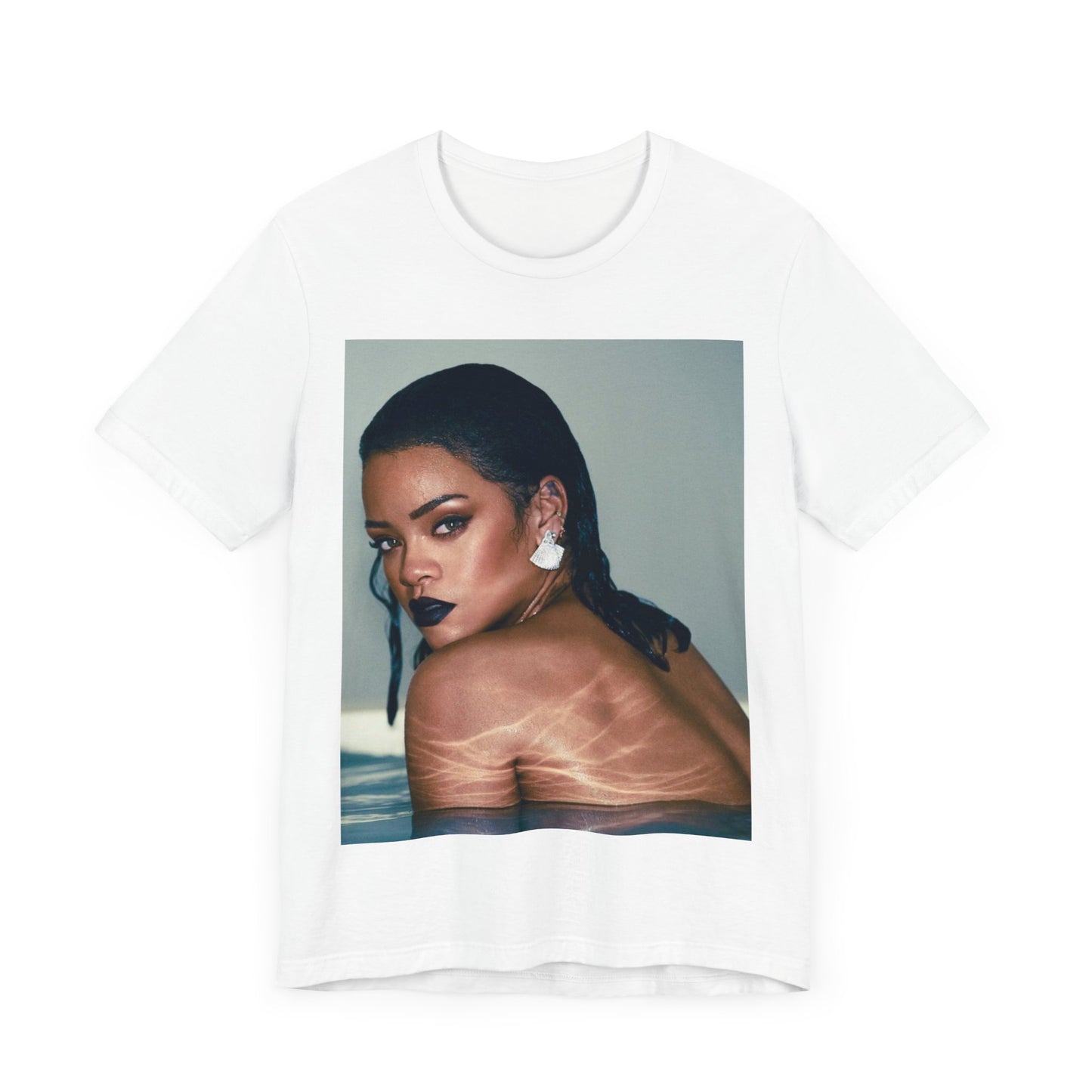 A black graphic t-shirt featuring a vintage pop icon graphic of Rihanna.