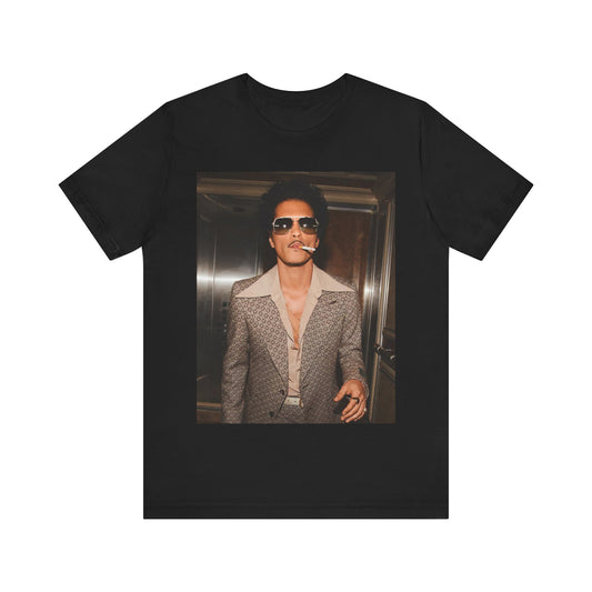 A black graphic t-shirt featuring a retro photo of Bruno Mars with a funk-inspired aesthetic.