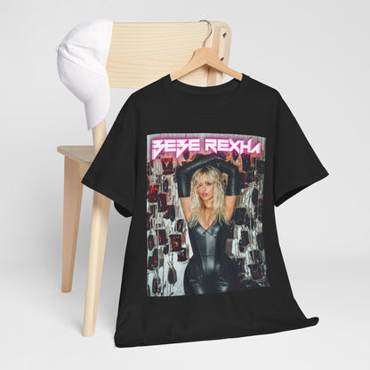 A black graphic t-shirt featuring a photo of Bebe Rexha in a powerful pose, exuding confidence and charisma.