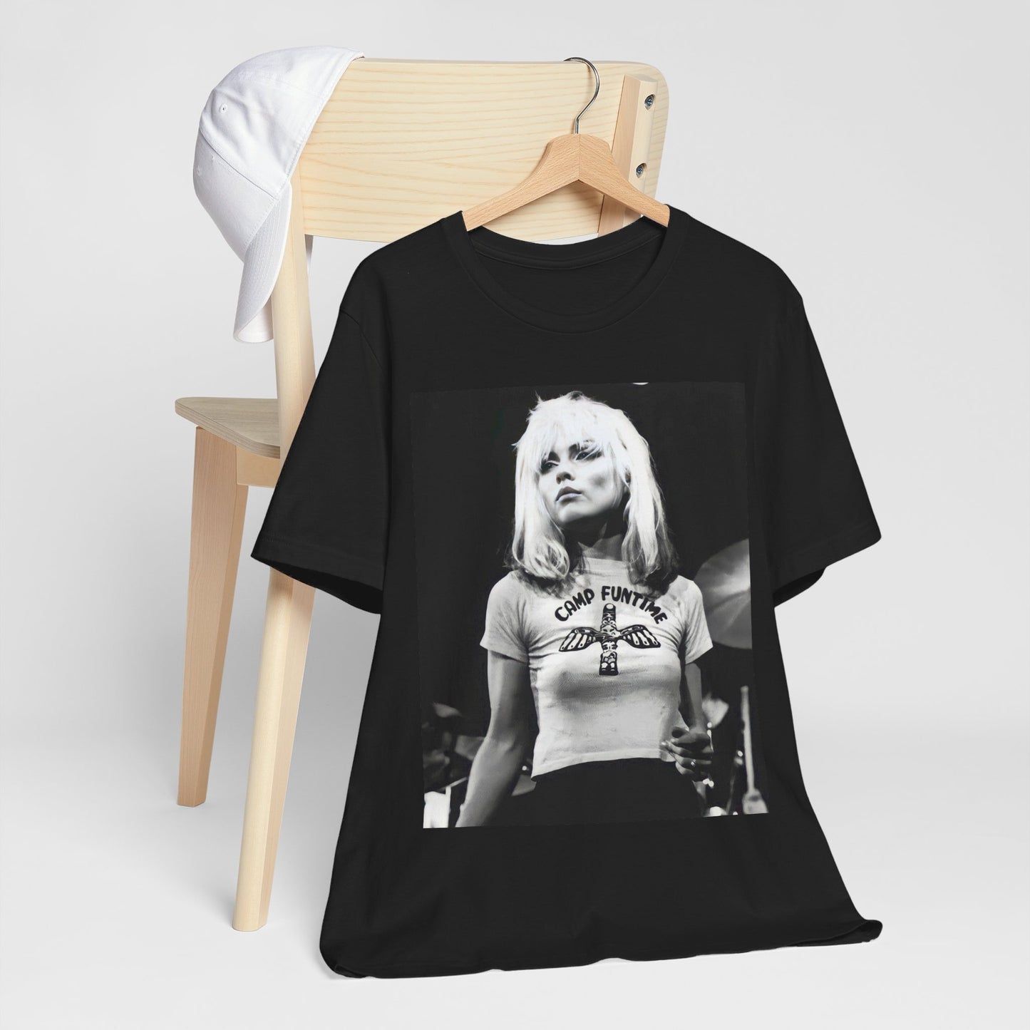 A black graphic t-shirt featuring a classic graphic or photo of Blondie performing live on stage.