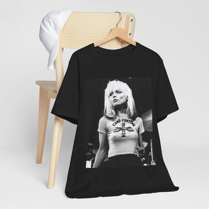 A black graphic t-shirt featuring a classic graphic or photo of Blondie performing live on stage.