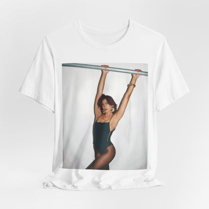 A black graphic t-shirt featuring a graphic related to Dua Lipa's "Levitating" song or era.