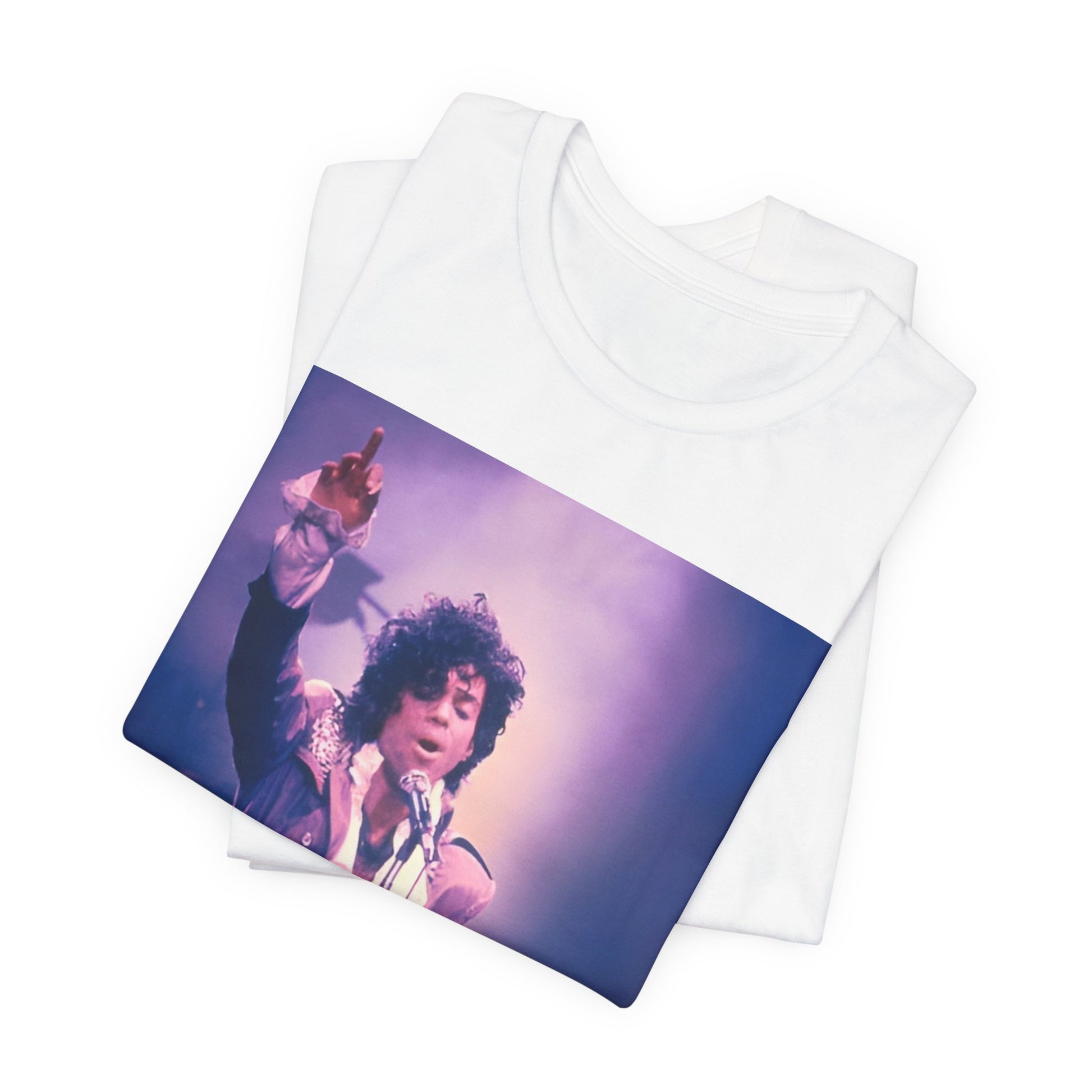 A black graphic t-shirt featuring a boxy graphic with a 'Purple Rain' vibe related to Prince.
