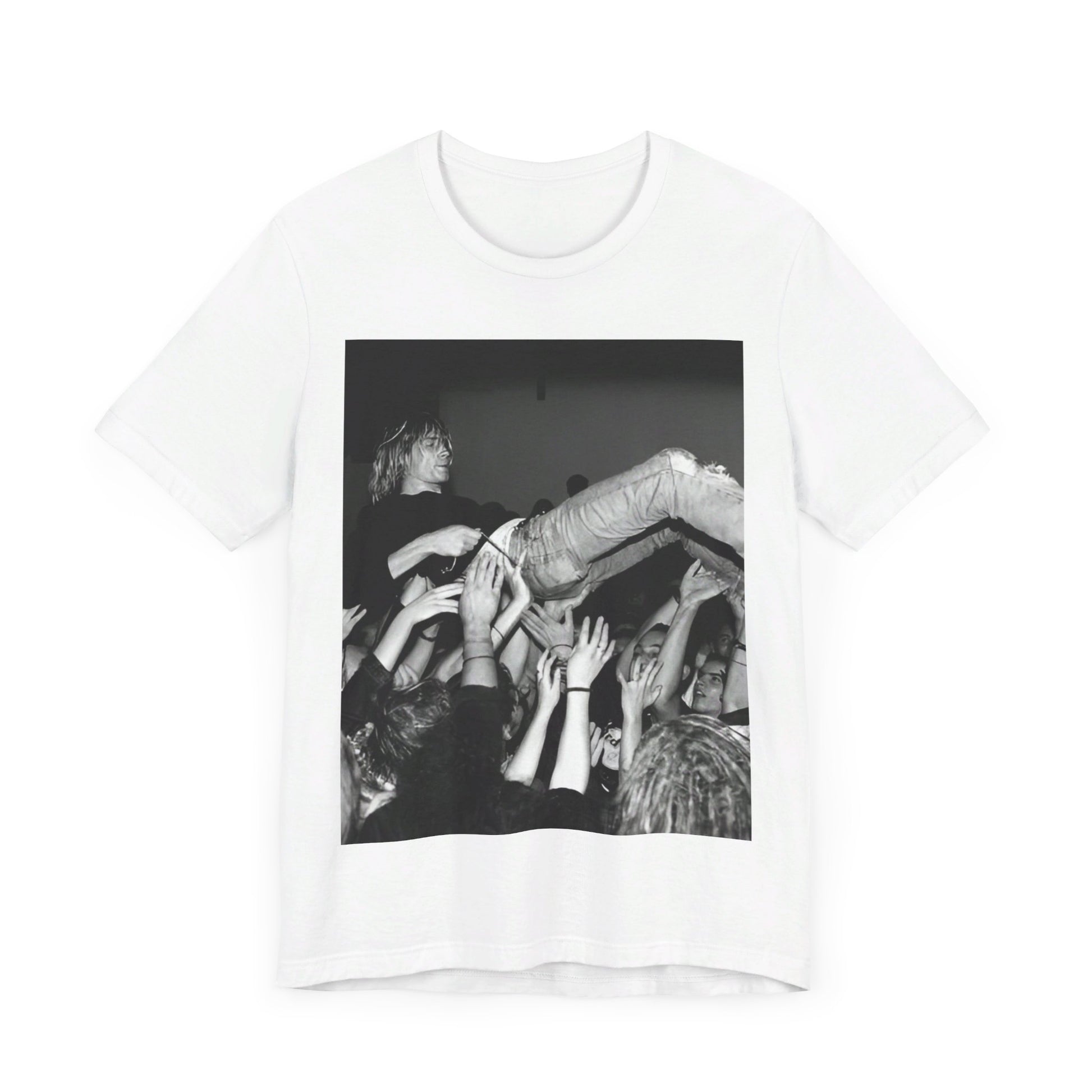 A black graphic t-shirt featuring a 90s graphic or photo of Kurt Cobain from Nirvana stage diving.