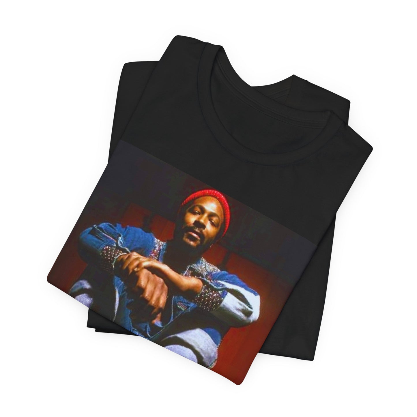 A black graphic t-shirt featuring a graphic of Marvin Gaye as the King of Motown soul legend.