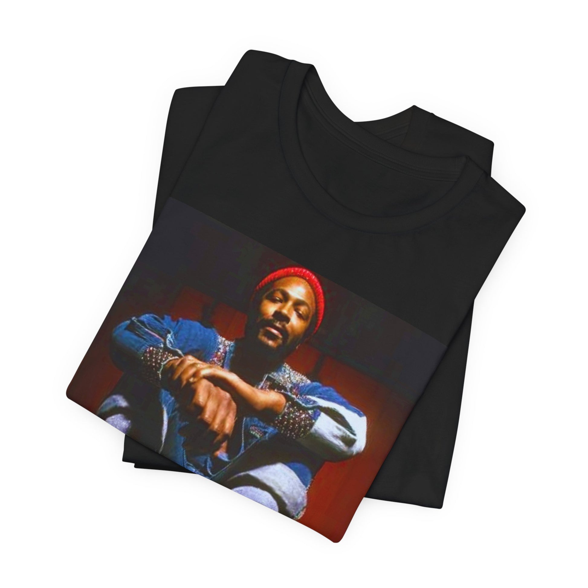 A black graphic t-shirt featuring a graphic of Marvin Gaye as the King of Motown soul legend.